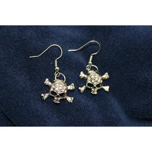Vintage Rhinestone Antique Silver Skull & Crossbones Earrings for Pierced Ears Pirate Themed