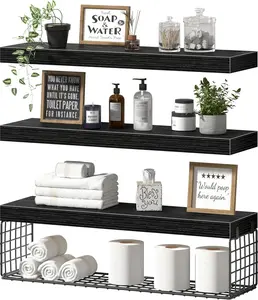 Shelves 24 inches Long - Floating Shelf for Wall Over Paper Basket Farmhouse Set of 3, Black (019-60B3)