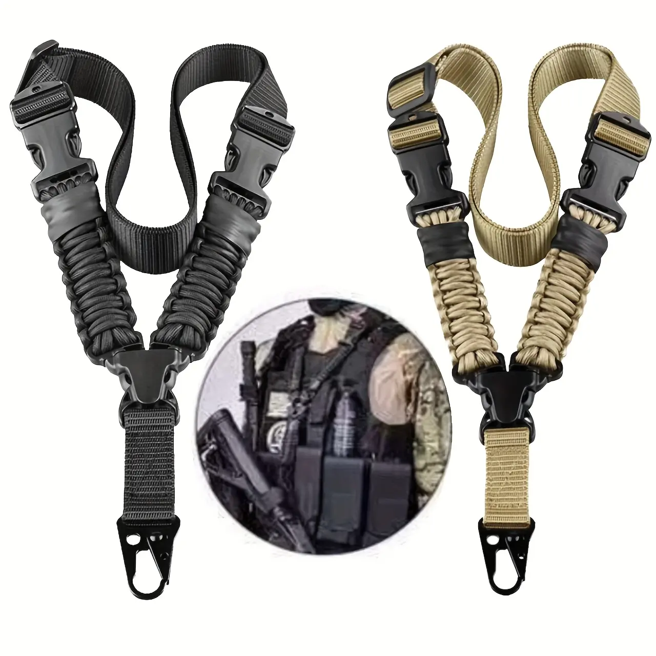 Single Point Sling for Tactical Hunting, American Style Woven Polyester Strap in Black & Tan, Adjustable with Secure Buckle & Carabiner, Carabiner For Leash Harness, Climbing Single Point Sling