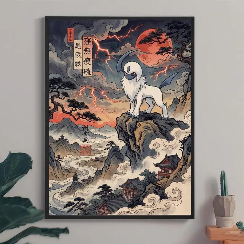 Absol Fan Art Poster, Poke Inspired Wall Art, Japanese Anime Art Poster, Vintage Unframed Wall Art, Home Decor