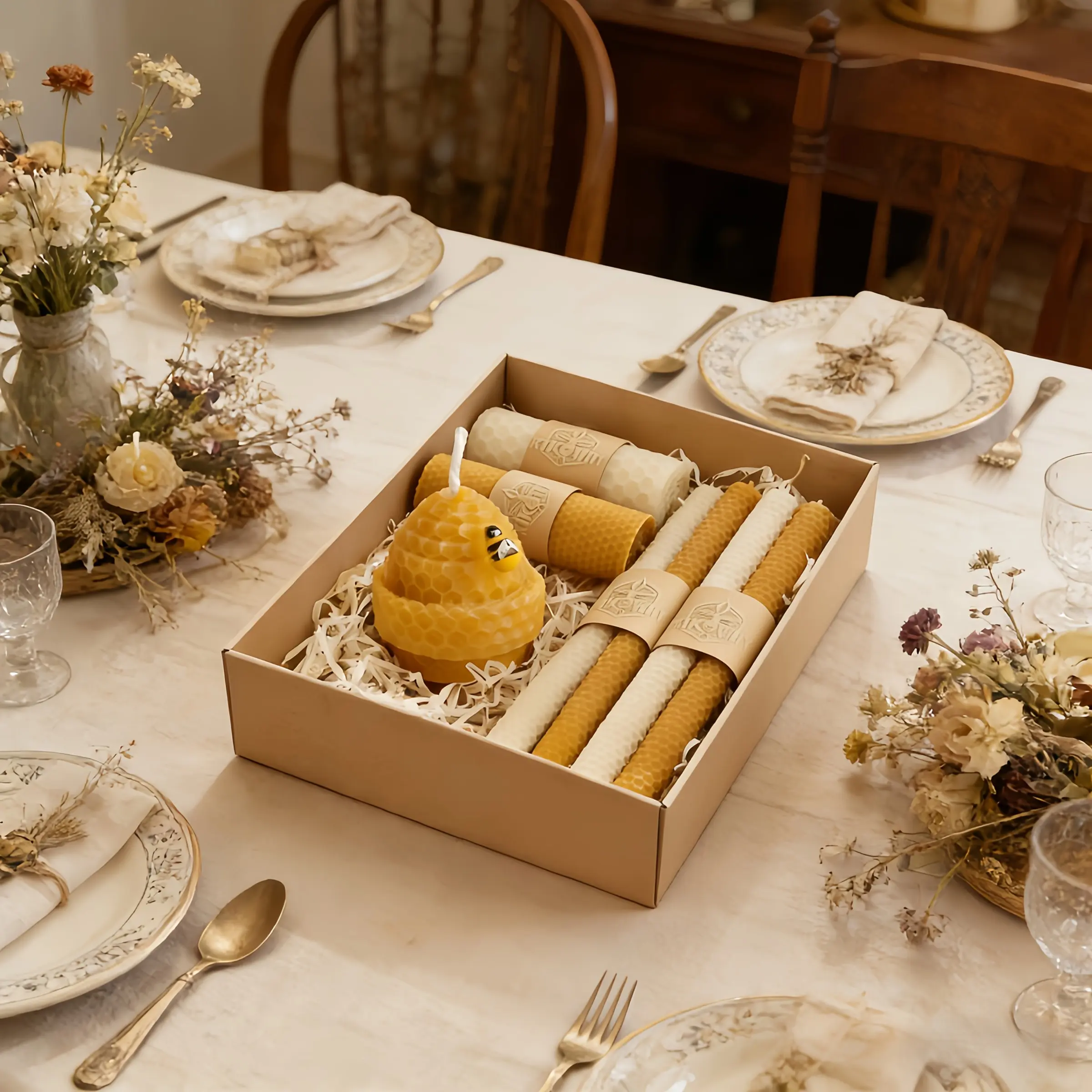 A set of 7 beeswax candle combinations, including 2 honeycomb pillar candles, 4 honeycomb pole candles, and 1 cute shaped little bee candle combination. It can be decorated in various ways and is a high-end and exquisite candle box