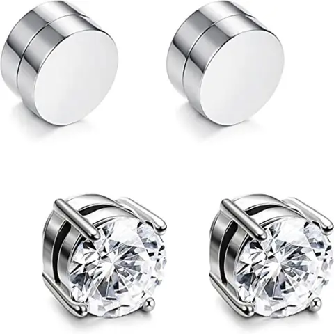 4Piece Stainless Steel Magnetic Ear Cuffs Non-Piercing Silver Color Sparkling Zirconia Stud Earrings Set Unisex, Fashion Jewelry for All Seasons Earcuff, Non Pierced Jewelry