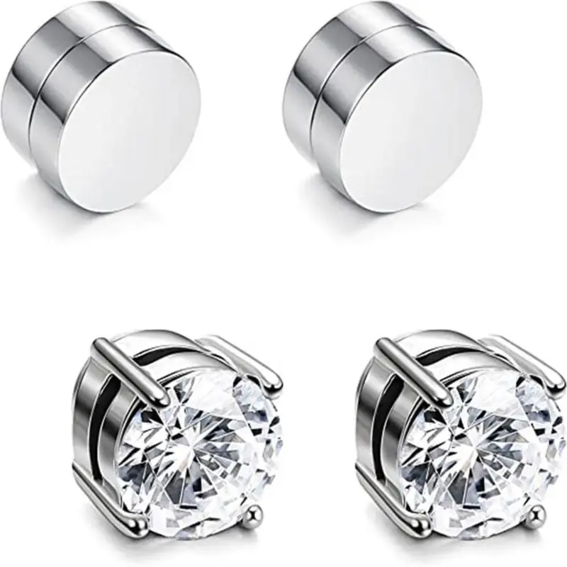 4Piece Stainless Steel Magnetic Ear Cuffs Non-Piercing Silver Color Sparkling Zirconia Stud Earrings Set Unisex, Fashion Jewelry for All Seasons Earcuff, Non Pierced Jewelry