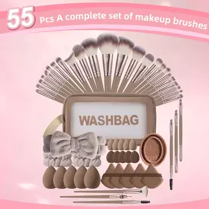 55-piece Facial Makeup Tool Set, 30 Makeup Brushes & Toiletry Bag & Hair Tie & 2 Wrist Straps & 5 Large Makeup Sponges & 5 Fan Powder Puffs & 5 Mini Makeup Sponges & 5 Thumb Powder Puffs & Bowl Brush