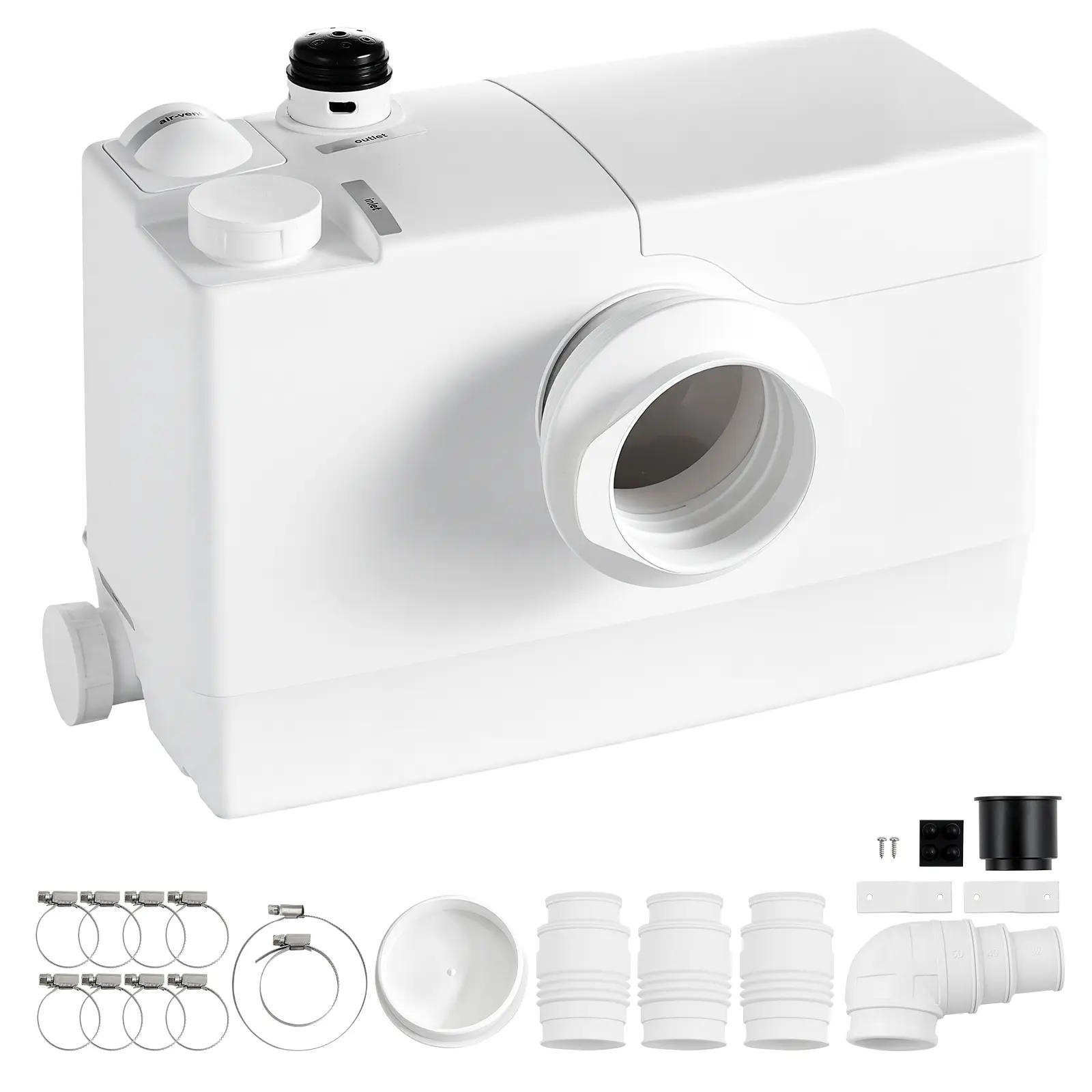 VEVOR Built-to-Last Compact Macerator Pump for Household Users, 800W Powerful Operation, 200 LPM Max Flow, 32.8 ft/10 m Max Lift, PCB Control, PP Housing, Clog-Free Upflush Machine with 4 Inlets for Basement, Laundry Room