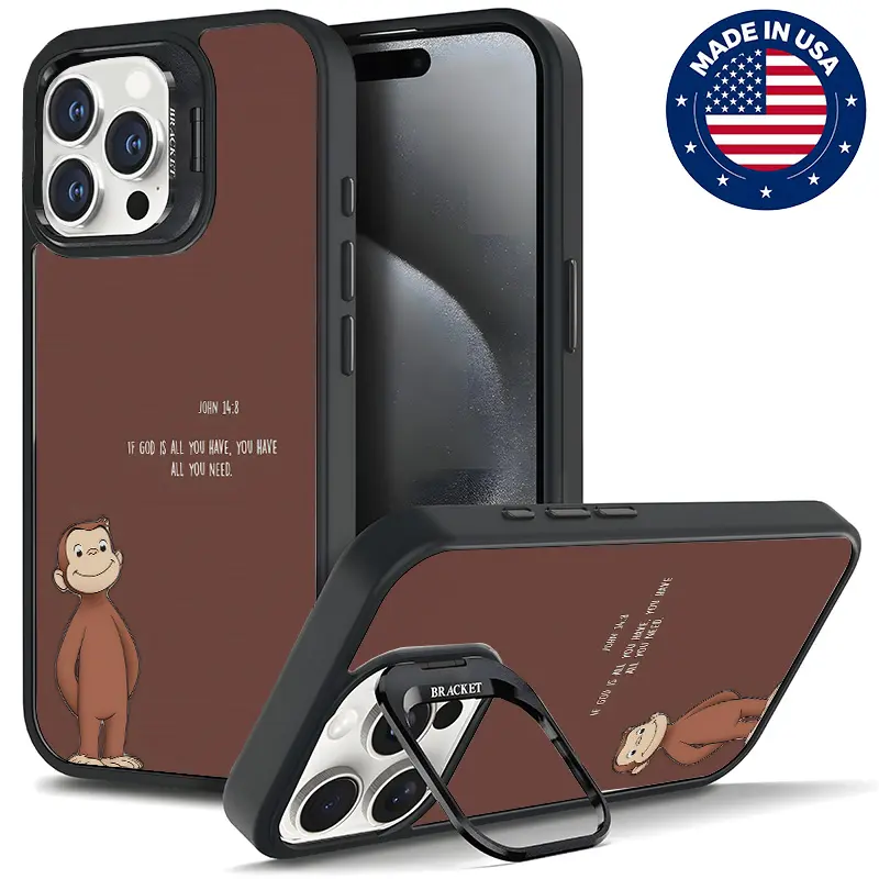 Curious George Christian Monkey Quote Aesthetic Customized Protective Smartphone Casing, Hard TPU Cover with Metal Camera Shield & Bracket, Drop-Proof Shockproof Anti-Scratch Vintage Protector for iPhone 16/15/14/13/12 Plus Pro Max (Cellphone Accessories)