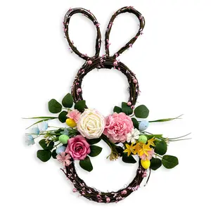 24 Inch Easter Bunny Wreath with Eggs & Flowers, Spring Rattan Door Wreath for Home Wall Porch Decor