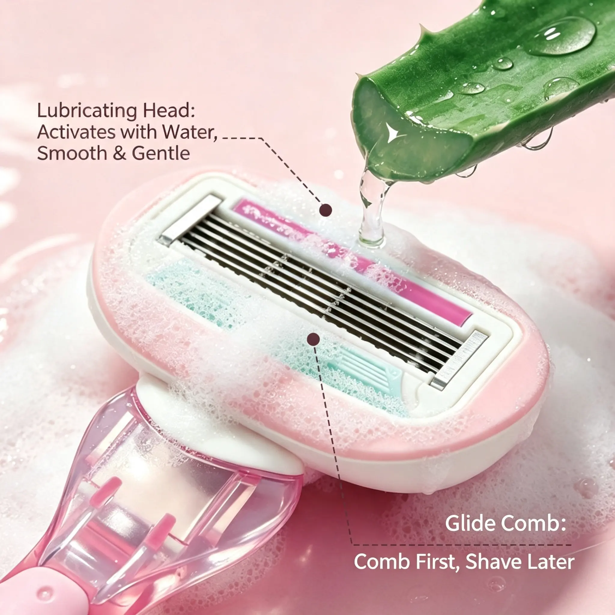 5-Blade Women’s Razor with Moisturizing Soap Head, Gentle Skin Care Shaver for Smooth Hair Removal, Long Handle Manual Razor with Comfort Grip & Pivoting Head, Protective Razor for Underarms, Legs & Bikini Area, Reusable Ladies Shaver