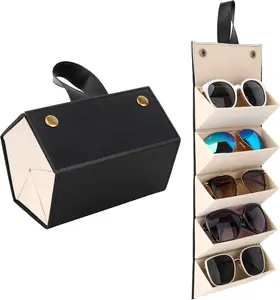 5 Slots Travel Sunglasses Organizer, Foldable PU Leather Eyeglasses Case, Hanging Glasses Holder for Multiple Eyewear Storage, Portable Space-Saving Travel Essential for Women & Men