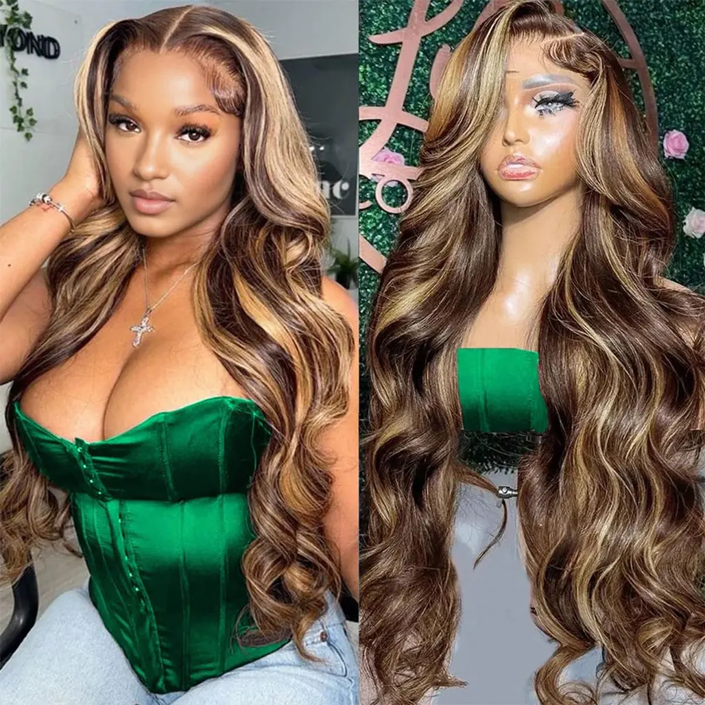 13x6 Lace Front Long Body Wave Fiber Wig Hair Straight Fiber Wig Hair  30 Inch Wig For Women 4/27 Dark Brown High-Quality Heat-Resistant Fiber for Women Daily Party Use Blonde Highlight Wig Layered Wigs
