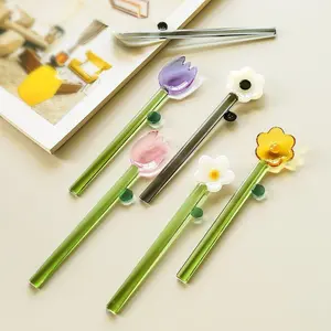 Wvii Daisy & Tulip Glass Spoon Stirrers Artisan Hand-Blown Borosilicate Heatproof 68-302°F 20-150°C Floral Design for Coffee Tea Ice Cream