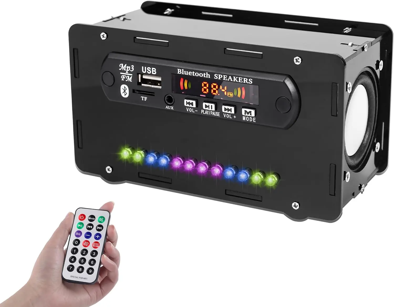 DIY Bluetooth-Compatible Speaker Kit, DIY FM Radio Soldering Practice Kit USB Home Sound Amplifier Remote Soldering Project with Display & LED Lights for Indoor/Use