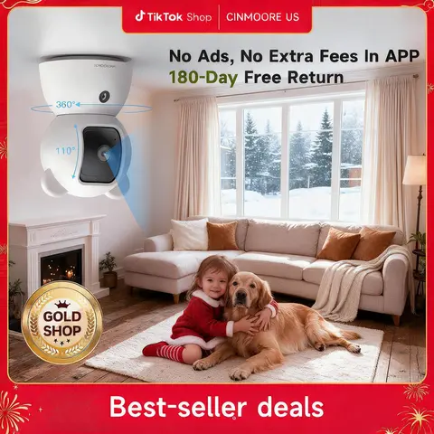 CINMOORE 2.5K Indoor Security Camera, Non Subscription fee 360° Vision AI Person/Pet/Baby Cry Detection, 4MP Baby/Dog/Cat Camera with Phone App, Pan Tilt 2.4GHz WiFi Cameras for Home Security, IR Night Vision, Full Duplex 2-Way Audio, Motion Sensor