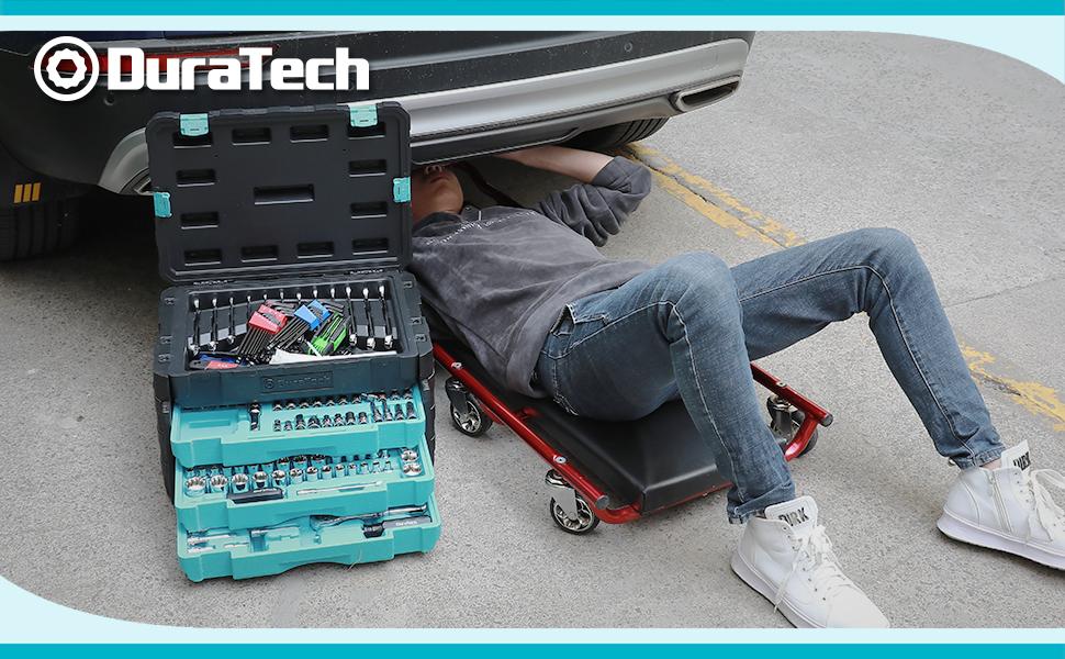 #backtoschool DURATECH 497-Piece Mechanics Tool Set, Include SAE/Metric Sockets, 90-Tooth Ratchet and Wrench Set in 3 Drawer Tool Box