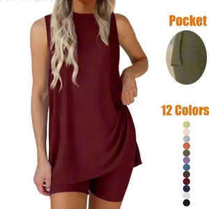 Women's 2 Piece Lounge Set Sleeveless Tank Top & High Waist Shorts with Pockets Casual Soft Two Piece Outfit