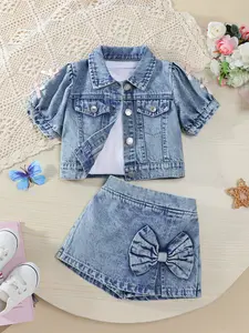 Girls' Two-Piece Set Spring Summer New Sweet Cute Light Blue Bubble Sleeve Top Bow Tie Collar Short Sleeves Baby Girl Clothes Outfit