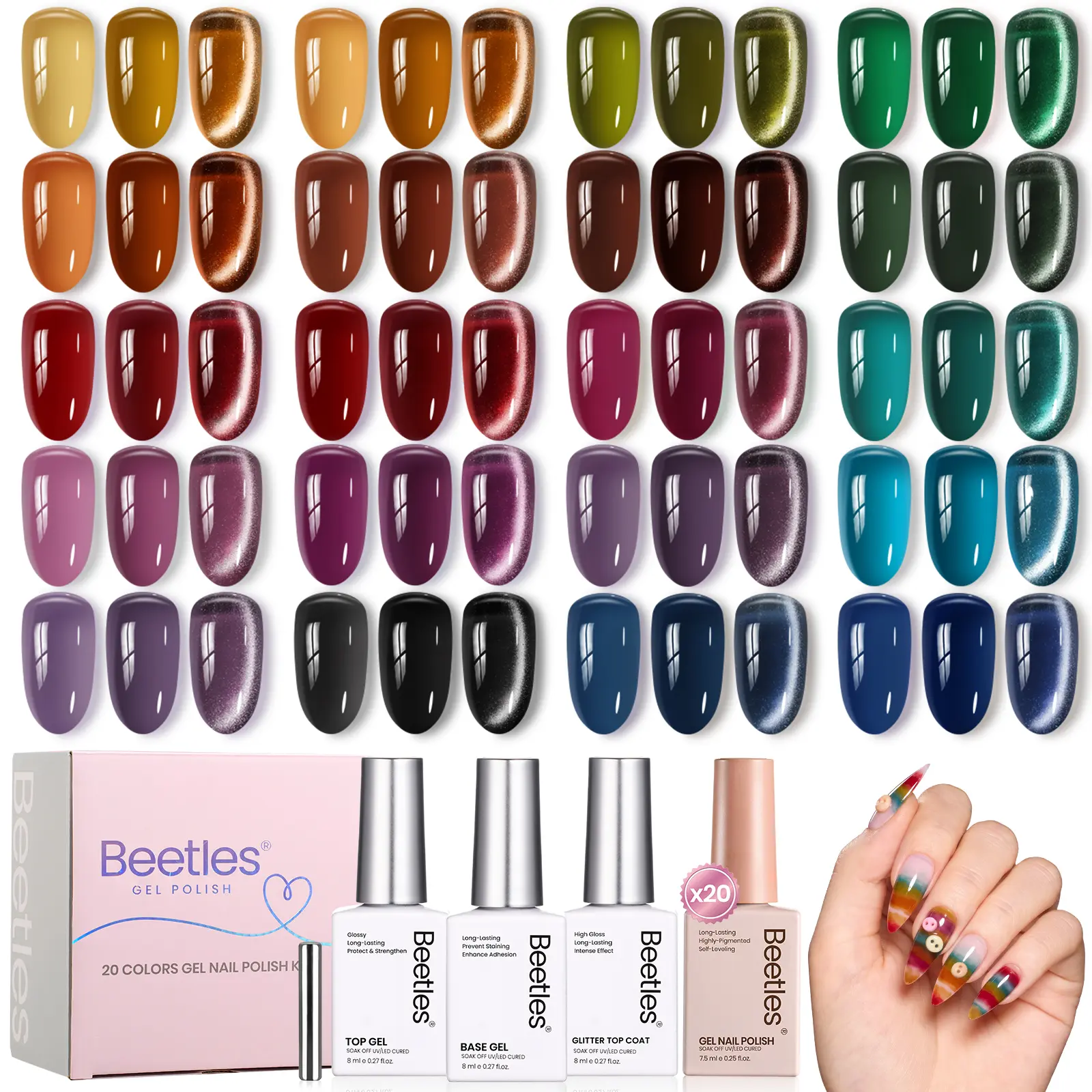 Beetles 20-Color Fall Winter Jelly Gel Nail Polish Set, HEMA-Free & TPO-Free, 7.5ml Translucent Vintage Shades, Long-Wear Base/Top Coat, Cat Eye Top Coat & Magnet, UV LED Soak Off Kit for Nail Care, Glossy Lightweight Smooth Manicure,familyfun