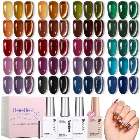 Beetles 20-Color Fall Winter Jelly Gel Nail Polish Set, HEMA-Free & TPO-Free, 7.5ml Translucent Vintage Shades, Long-Wear Base/Top Coat, Cat Eye Top Coat & Magnet, UV LED Soak Off Kit for Nail Care, Glossy Lightweight Smooth Manicure