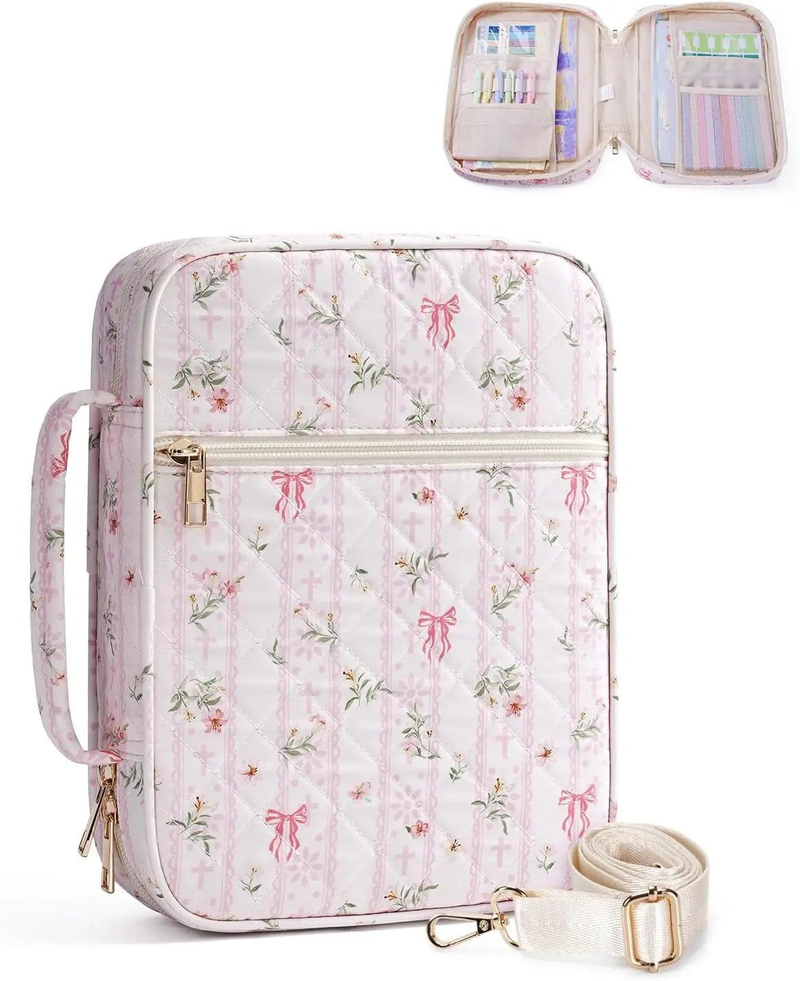 WANDF Bible Cover Case for Women, Quilted Bible Bag with Strap  | Large Capacity, Bible Study Supplies, Church Service, Journaling Accessories, Christian Gifts
