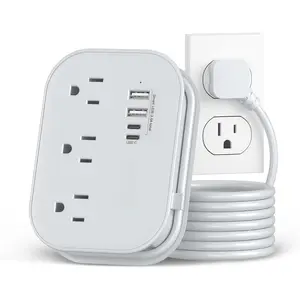 Flat Plug Power Strip- USB Travel Power Strip, 3 Outlets and 4 USB Ports(2 USBC) Desktop  Station, 5 Ft Wrapped Extension Cord, Non-Surge Protector for Cruise Essentials, Travel, , Dorm.