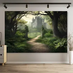 1pc 2D Flat Gothic Medieval Castle & Misty Forest Backdrop - Durable Polyester Banner in 3 (, , in) - Ideal for Room Decor & Themed Parties, Machine Washable, No Electricity Required