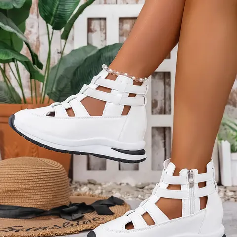 Women's Wide Fit Fashion, Lightweight Arch Support, PU Leather Upper, PU Platform Sole, Casual Ankle High Shoes, Comfortable, Summer Ready, Fashionable Casual Sandals