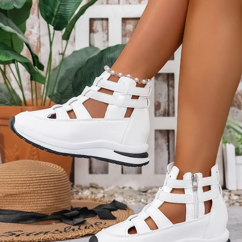 Women's Wide Fit Fashion, Lightweight Arch Support, PU Leather Upper, PU Platform Sole, Casual Ankle High Shoes, Comfortable, Summer Ready, Fashionable Casual Sandals