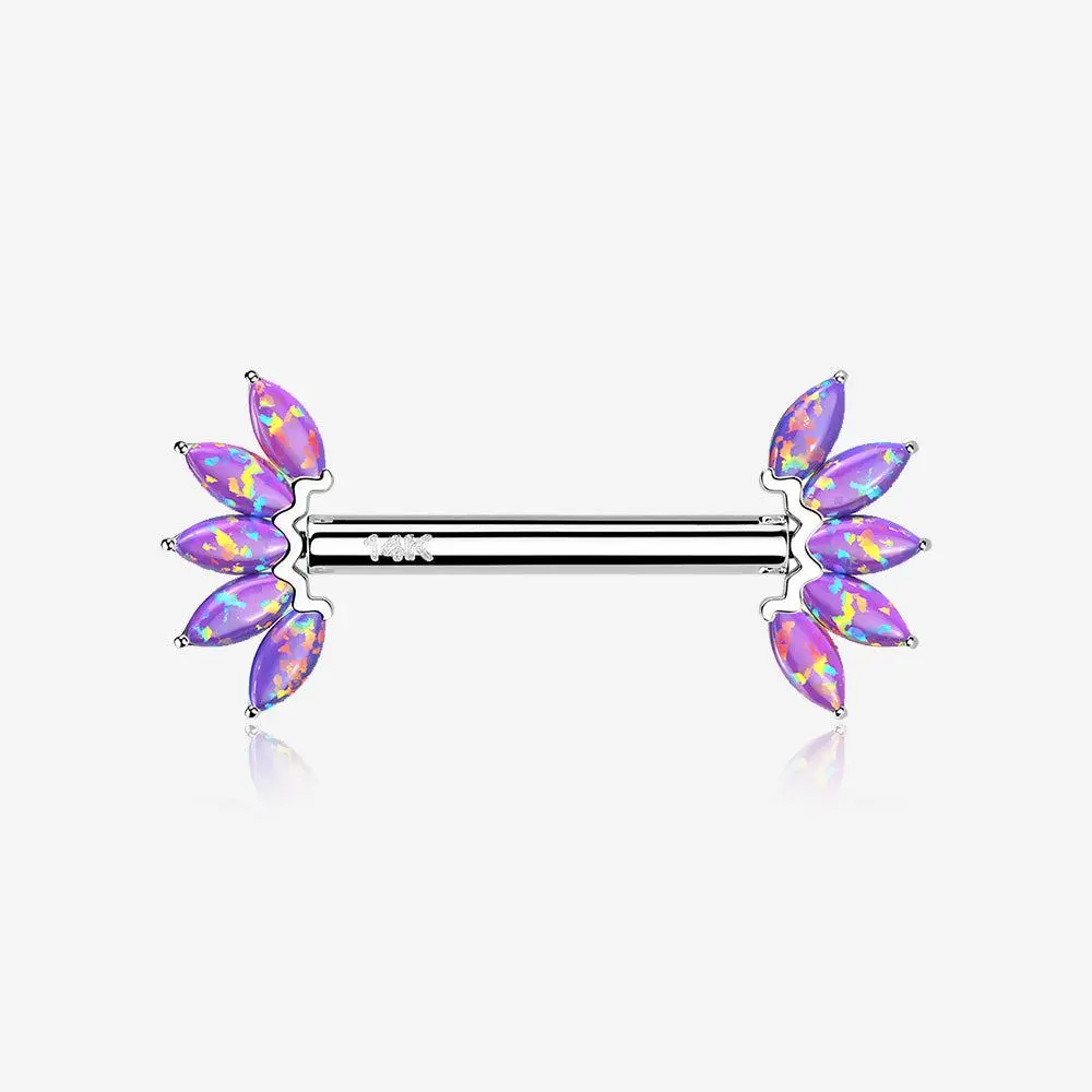 A Pair of 14 Karat White Gold OneFit™ Threadless Marquise Fire Opal Floral Nipple Barbell