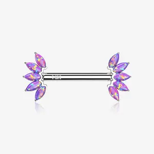 A Pair of 14 Karat White Gold OneFit™ Threadless Marquise Fire Opal Floral Nipple Barbell