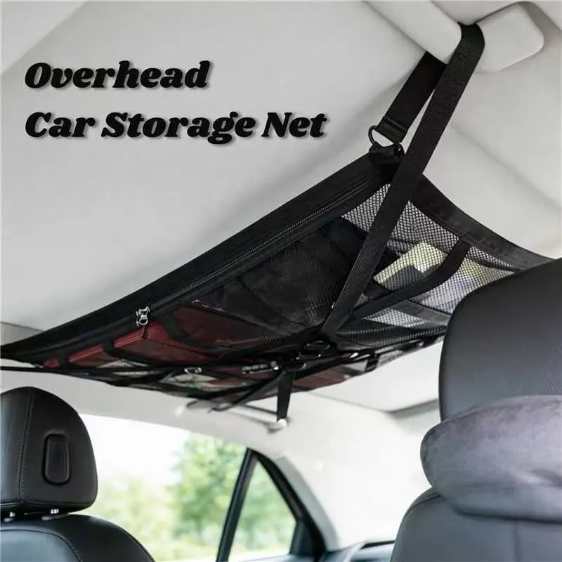 Overhead Car Ceiling Storage Net Pocket, Functional Car Interior Stowing & Tidying Accessory, 30.7"x20.8" Double-Layer Mesh Fabric 18-Grid Pattern Organizer, Droop-Less Load-Bearing Solution for Trucks, SUVs, Car Roof