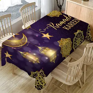Ramadan Rectangle Tablecloth, Ramadan Kareem & Mubarak Design, Mandala Lantern Motif, Washable Fabric, Ideal for Festive Celebrations