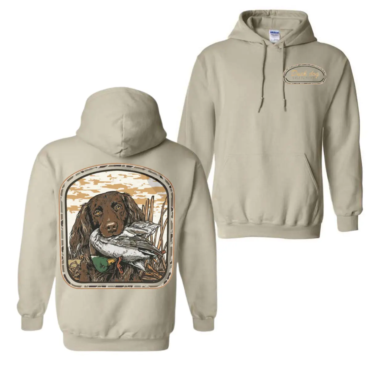 Duck Hunting Dog Carrying Mallard Hoodie Or T-Shirt, Camo Retriever Duck Hunting Shirt, Boykin Spaniel Tee, Waterfowl Hunter Graphic Tee, Gift For Him