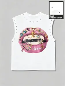 Men's Casual Sleeveless Vest, Diamond Lip Graphic Print + Rivet Design, Soft Fabric, Daily Fashion for Men Who Love Casual Style