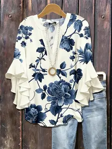 Elegant Women's Plus Size Butterfly Sleeve Top, Slim-Fit Long Flower Blouse with Chest Buttons, All-Season Fashionable Design
