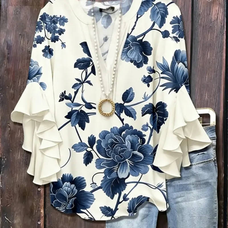 Women's Plus Size 2026 New Floral Print Flounce Sleeve Design Blouse Top, Casual All-Season Clothing Fit
