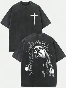 (230G T-Shirt)Men's Washed Cotton Jesus Crown Of Thorns Graphic Tee, Oversized Casual Crewneck Short Sleeve T-Shirt, Retro Religious Art Top women's and men's tops TikTokShop Black Friday