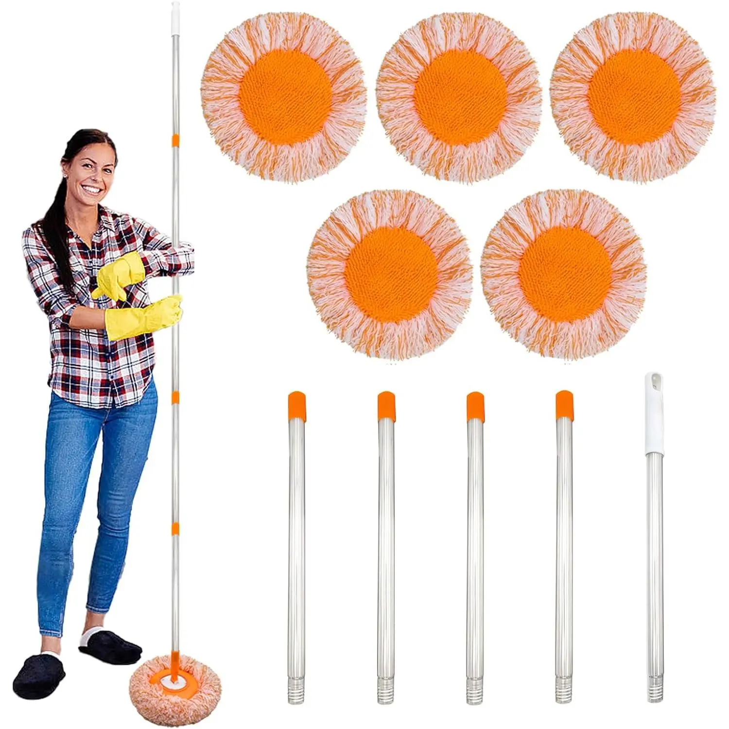 360 Rotatable Adjustable Cleaning Mop with 5 Mop Head, 78 Inches Wall Mop, Wall Cleaner Mop, Dust Mops Cleaning Mop for Floor Ceiling Baseboard Cleaning (Style 1)