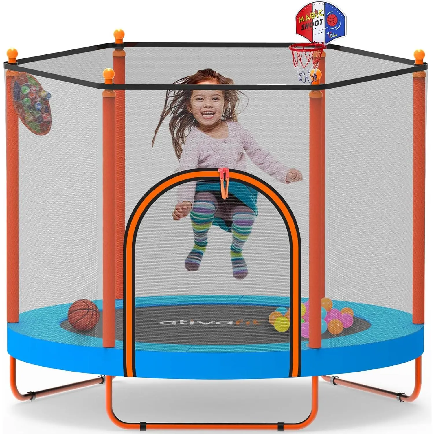 60'' Rebounder Trampoline Indoor Outdoor for  Ages 1-8, 5 FT Recreational  Trampoline with Safety Enclosure Net Gifts with Basketball Hoop Dartboard  Bal