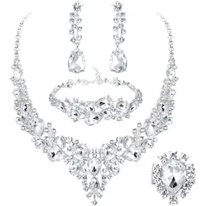 FUNRUN 5PCS Bridal Wedding Jewellery Set for Women Crystal Teardrop Cluster Necklace Dangle Earrings and Zircon Bracelet Ring Set Wedding Engagement Bridesmaid Costume Dress Prom Jewellery