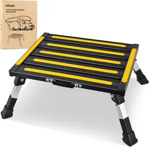 Nilight RV Step Stool Aluminum Folding Platform Steps 19x14.5 RV Steps 4 Levels Adjustable Heavy Duty Step Stool with Anti-Slip Surface Rubber Feet Portable Handle 500lbs for Camper Trailer, Black, Foldable