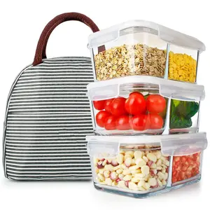 3 Pack Glass Food Storage Containers 2 Compartments Glass Meal Prep Containers with Lids Lunch Container with Dividers Reusable Lunch Bento Box