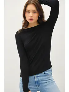 Basic Boat Neck Long Sleeve Knit Top - Black