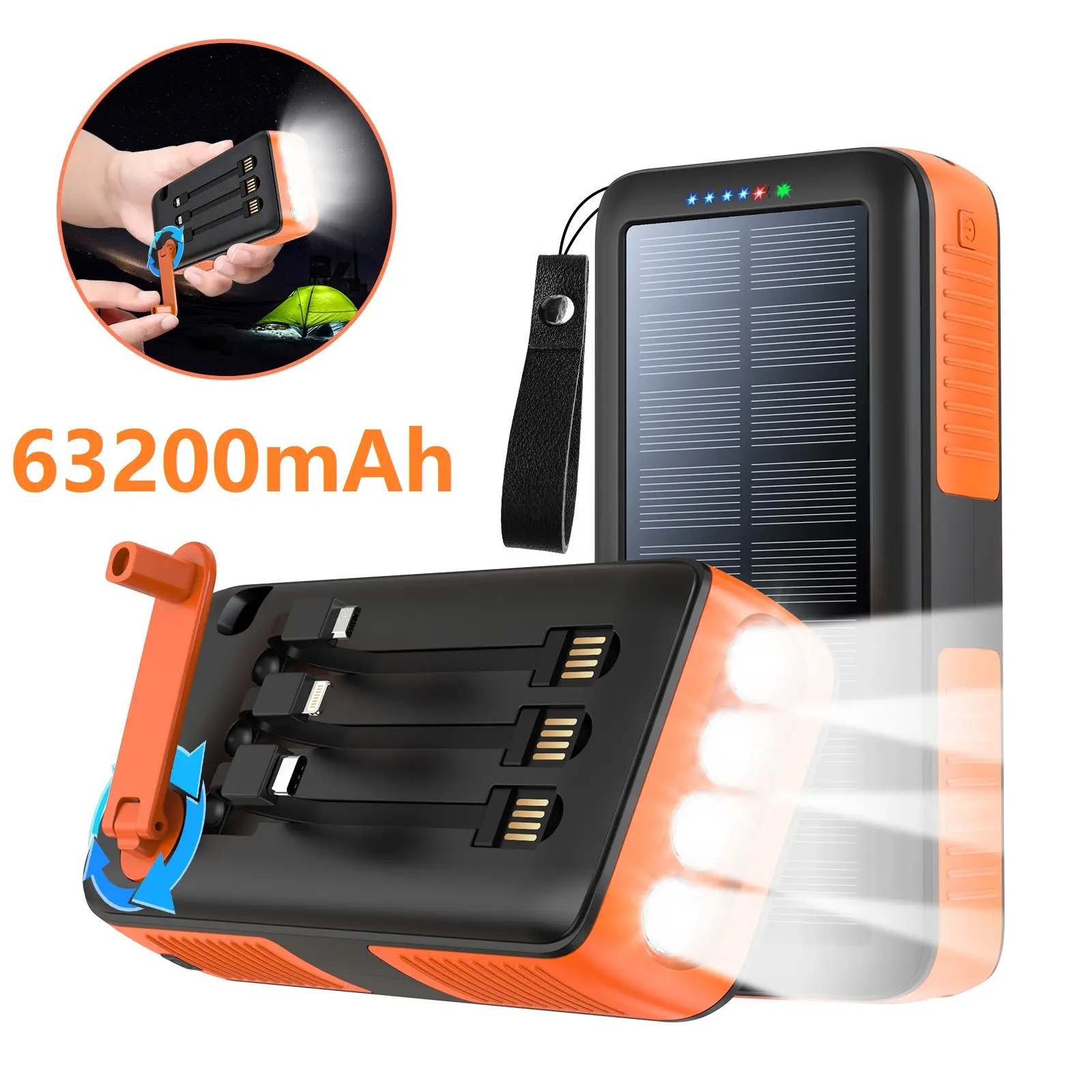 CUUUT 63200 mAh high-capacity solar portable charger, 15W fast charging type charger, manual power generation, equipped with 4 flashlights, suitable for camping and portable use, multi-ports suitable for various mobile devices, can charge smartphones.