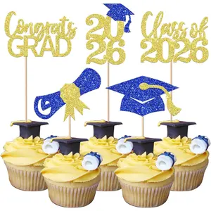 30 Pack 2026 Grad Cupcake Toppers Glitter Class of 2026 Cupcake Picks Congrats Grad Cap Diploma Cupcake Decorations for Senior 2026 Graduation Theme Party Supplies Gold Blue