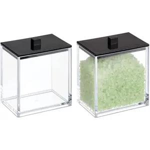 Plastic Rectangle  Canister - Organizer for Bathroom  Countertop Shelf Decor - Holds  Swabs, Soap, Makeup, Bath Salts - Lumiere Collection - 2 Pack - Clear/Black