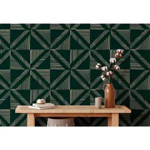 Peel and Stick Removable Fabric Wallpaper - Line Art - Triangle Square - Modern Geometric - Maddox Emerald