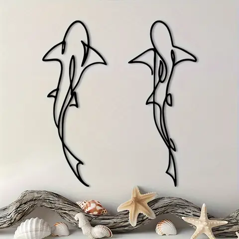Modern Minimalist Shark Animal Ocean Inspired Design Metal Set, Artwork, Decorative Art, Indoor Beach Room Decor, Large Vertical Hanging Decoration, No Feathers, Halloween Theme
