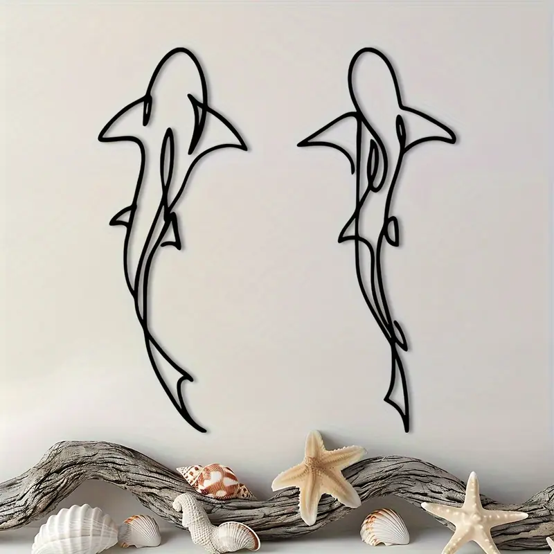 Modern Minimalist Shark Animal Ocean Inspired Design Metal Set, Artwork, Decorative Art, Indoor Beach Room Decor, Large Vertical Hanging Decoration, No Feathers, Halloween Theme