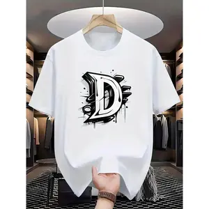 Single sided printed round neck short sleeved T-shirt, men's sports T-shirt - breathable and lightweight, black base, decorated with floral pattern and large letter "D" print, comfortable style, men's casual summer T-shirt