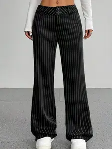 Y2K Black White Pinstripe Wide Leg Pants | High Waist Casual Comfy Baggy Striped Trousers for Women | Streetwear/Office/Daily Casual Wear | Low Rise Straight Leg Pants | #Y2KFashion #PinstripePants #WideLegPants #TikTokMadeMeBuyIt